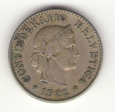 Швейцария 5 раппенов 1922 год