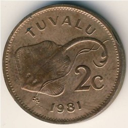Монета Тувалу 2 цента 1981 год - Электрический скат