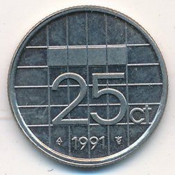 Нидерланды 25 центов 1991 год