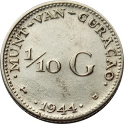 Монета Кюрасао 1/10 гульдена 1944 год