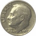 США 1 дайм (10 центов) 1967 год - Франклин Рузвельт (без отметки МД)