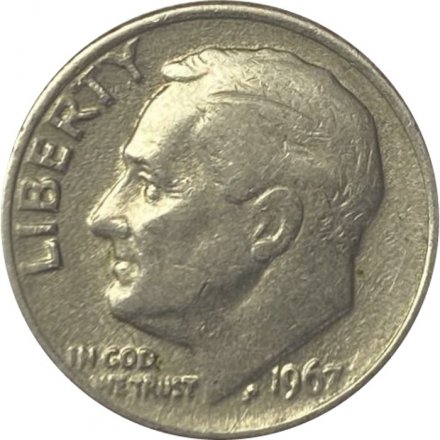 США 1 дайм (10 центов) 1967 год - Франклин Рузвельт (без отметки МД)