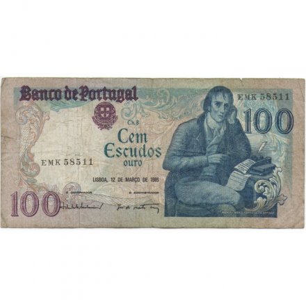 Португалия 100 эскудо 1985 год - Поэт Мануэл Мария Барбоза ду Бокаже. Площадь Росси в Лиссабоне - VG