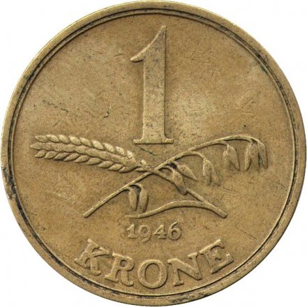 Дания 1 крона 1946 год - Король Кристиан X. Стебли пшеницы и овса