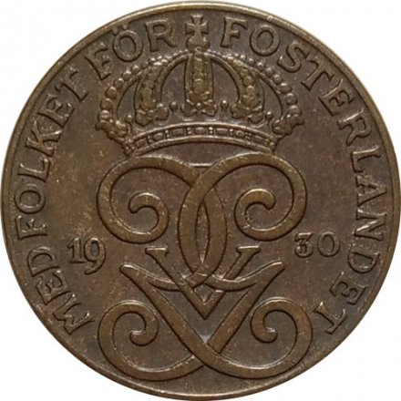 Швеция 2 эре 1930 год - Король Густав V