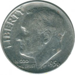 США 1 дайм (10 центов) 1956 год - Франклин Рузвельт (без отметки МД)