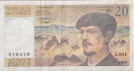 Франция 20 франков 1993 год - Клод Дебюсси. Опера Ла Мер - XF