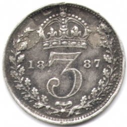 Великобритания 3 пенса 1887 год (новый потрет с короной)