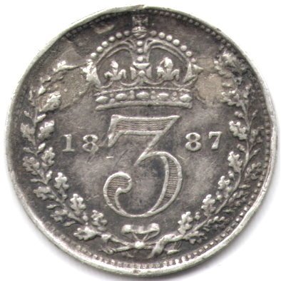 Великобритания 3 пенса 1887 год (новый потрет с короной)