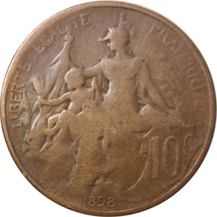 Франция 10 сантимов 1898 год (Женское лицо обращено вправо)