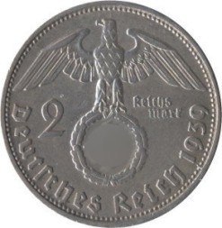 Монета Третий Рейх 2 рейхсмарки 1939 год (D)