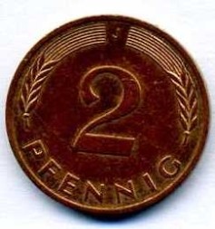Монета Германия (ФРГ) 2 пфеннига 1992 год - J