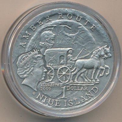 Ниуэ 1 доллар 2009 год - Янтарный путь. Эльблонг (вставка из янтаря)