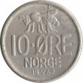 Норвегия 10 эре 1967 год - Король Улаф V. Пчела