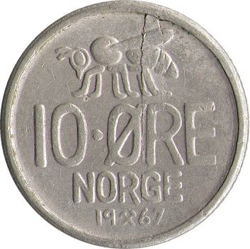 Норвегия 10 эре 1967 год - Король Улаф V. Пчела