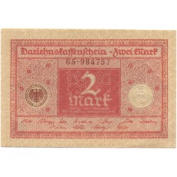 Веймарская Республика 2 марки 1920 год - красная печать - aUNC