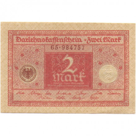Веймарская Республика 2 марки 1920 год - красная печать - aUNC