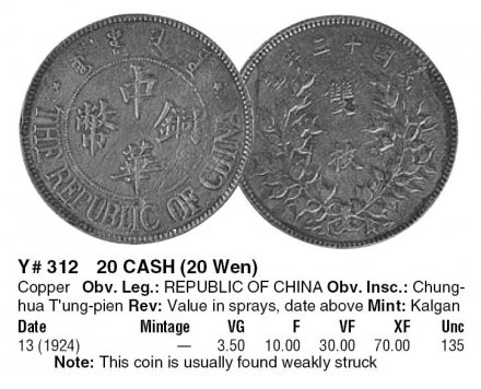 Китай 20 кэш 1924 год