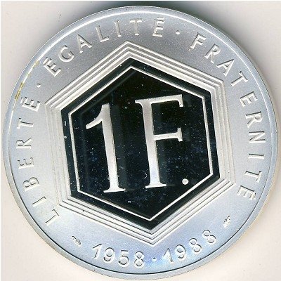 Франция 1 франк 1988 год - Шарль де Голль. 30 лет Пятой Республике (серебро)