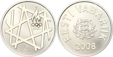 Эстония 10 крон 2008 год - Летняя Олимпиада в Пекине Ag в футляре
