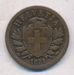 Швейцария 2 раппена 1851 год
