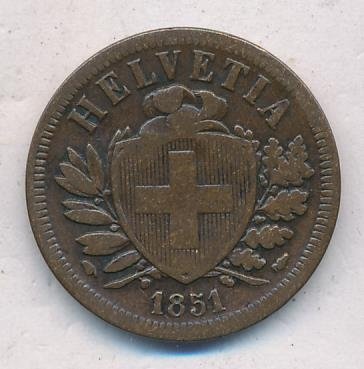 Швейцария 2 раппена 1851 год