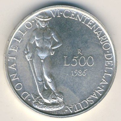Италия 500 лир 1986 год - 600-летие со дня рождения Донателло