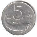 Италия 5 лир 1981 год Дельфин