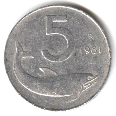 Италия 5 лир 1981 год Дельфин