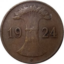 Веймарская республика 1 рейхспфенниг 1924 год (J)