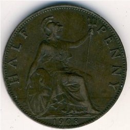 Великобритания 1/2 пенни 1908 год - Король Эдуард VII