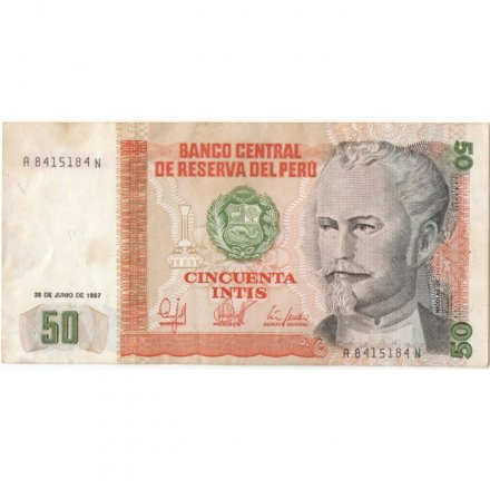 Перу 50 инти 1987 год - Николас де Пьерола. Рабочие на буровой установке - VF