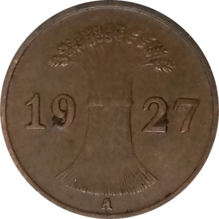 Веймарская республика 1 рейхспфенниг 1927 год (A)
