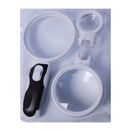 Лупа с подсветкой 2LED + 3 насадки 2,5х/5х/16х Main Lens Interchangeable Type Magnifier