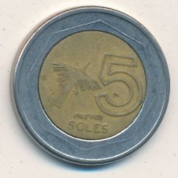 Монета Перу 5 новых солей 2005 год