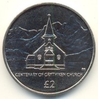 Монета Южная Джорджия и Южные Сэндвичевы острова 2 фунта 2013 год - 100- лет освящения церкви китобоев в Грютвикене