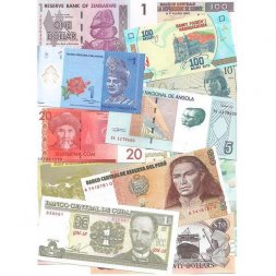 Набор из 44 банкнот разных стран мира с 1964 по 2022 год выпуска (UNC)
