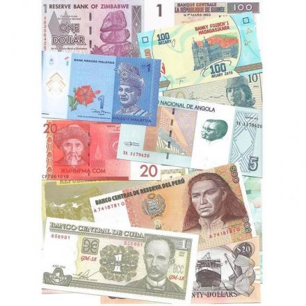 Набор из 44 банкнот разных стран мира с 1964 по 2022 год выпуска (UNC)