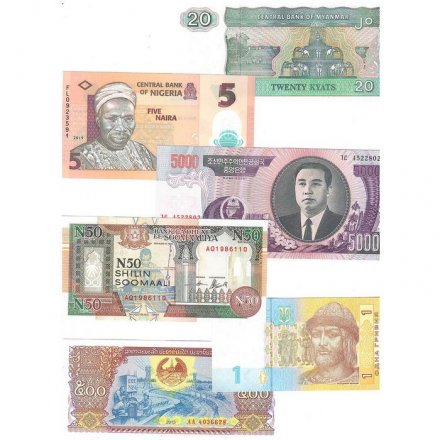 Набор из 44 банкнот разных стран мира с 1964 по 2022 год выпуска (UNC)