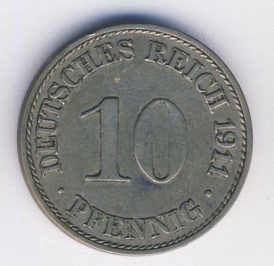 Германия 10 пфеннигов 1911 год (A)