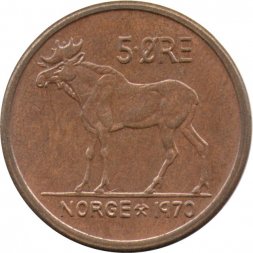 Норвегия 5 эре 1970 год - Король Улаф V. Лось