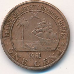 Либерия 1 цент 1974 год - Слон. Корабль. Пальма