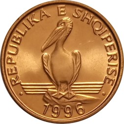 Албания 1 лек 1996 год - Кудрявый пеликан UNC
