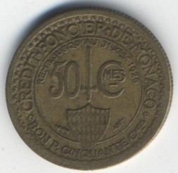 Монета Монако 50 сантим 1924 год Лучник