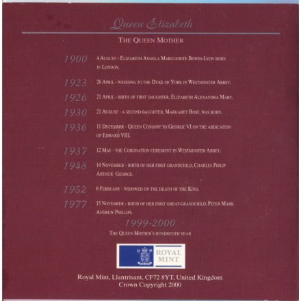 Великобритания 5 фунтов 2000 год - 100 лет со дня рождения Королевы - Матери (медь-никель) в буклете