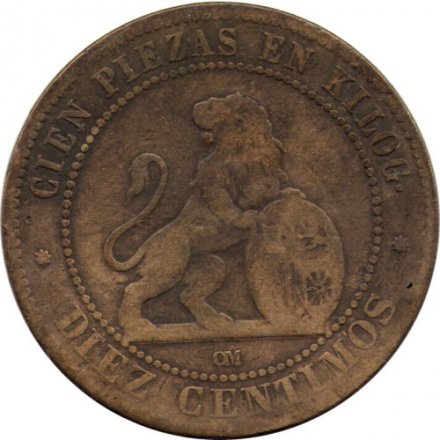 Испания 10 сентимо 1870 год