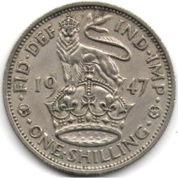 Великобритания 1 шиллинг 1947 год - Английский шиллинг - лев, стоящий на короне