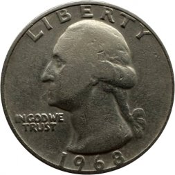 США 25 центов (1/4 доллара) 1968 год - Джордж Вашингтон (без отметки МД)