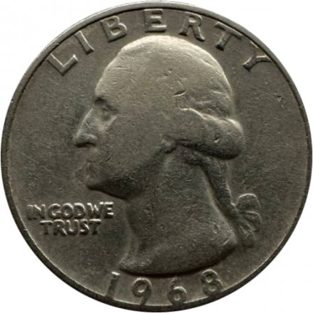 США 25 центов (1/4 доллара) 1968 год - Джордж Вашингтон (без отметки МД)