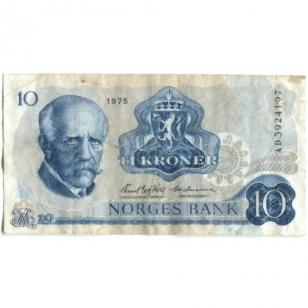 Норвегия 10 крон 1975 год - Фритьоф Нансен. Скульптура «Рыбак» и чайки - надрыв - F